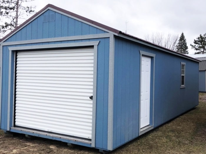 blue garage with side door