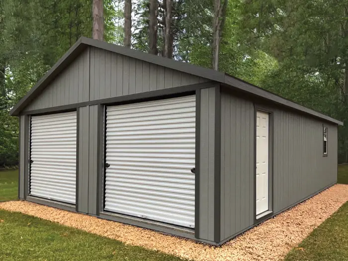 blue garage with side door