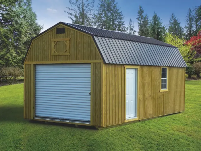 gray sided lofted garage