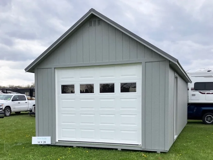 blue garage with side door